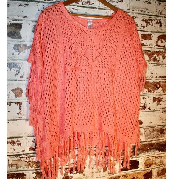 No Boundaries Coral Fringe Hem Poncho Cover-Up Top - Picture 2 of 7